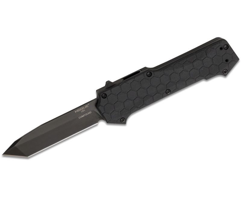 Hogue-COMPOUND-34026-743108340264.jpg Hogue Compound OTF Automatic Knife - 3.5" Plain Tanto Blade with Black G10 and Aluminum Handles - Image 1