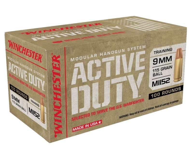 Winchester-Ammunition-Active-Duty-Handgun-Ammo-WIN9MHSC-020892227187.jpg Winchester Ammunition Active Duty Handgun Ammo Brass 9mm 100-Rounds 115 Grain FMJ Flat Nose - Image 1