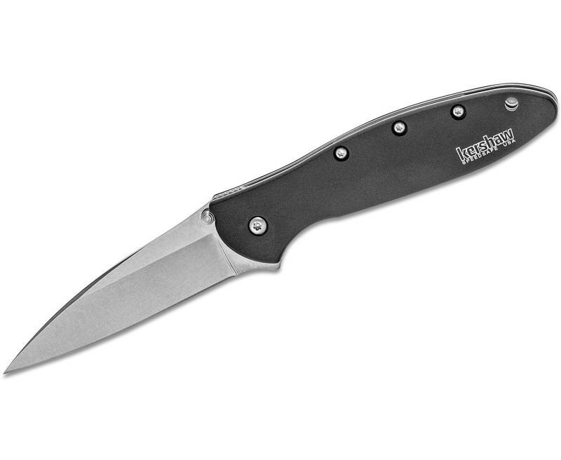 ker1660swblk-1.jpg Kershaw Leek Folding Knife - 3" Stonewash Plain Drop Point Blade with Assisted Flipper - Image 1